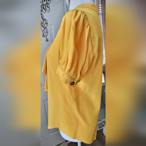 Ali Ro Ruffle Front 100% Silk Button-Up Blouse Womens 4 Goldenrod Short Puff Sle - Picture 3 of 10